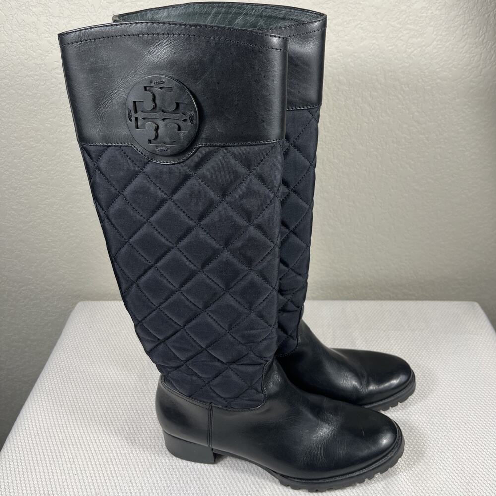 Tory Burch Rowan Black Quilted Riding Boot Leather Nylon Rubber Soles Size 6M‎